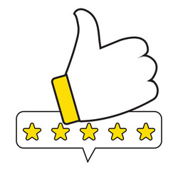 Five stars customer product rating review with thumbs up icon. Customer product rating with five stars vector illustration. 