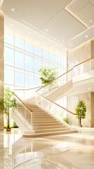 Luxury hotel lobby staircase, sunlight, plants, marble