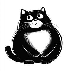 Simple illustration, fat cute cat, Black and white