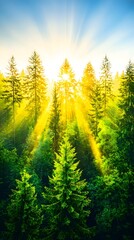 Sunbeams illuminate misty forest sunrise, nature background