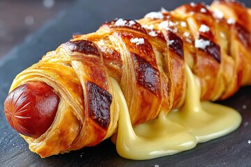 Grilled Hot Dog Wrapped in Pastry with Melted Cheese. Generative Ai