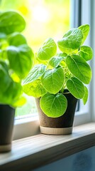 Sunlit potted plants on windowsill, garden view