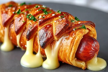 Grilled Hot Dog Wrapped in Pastry with Melted Cheese. Generative Ai