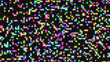Abstract digital noise background with small, brightly colored pixels scattered across a dark screen. Features a retro glitch effect with a vibrant, multicolored palette of pink, blue, green