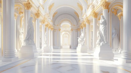 Serene Classical Gallery: White Marble Statues and Golden Accents