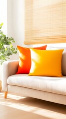 Sunny living room, beige sofa, orange pillows, bamboo blinds, home decor