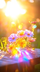 Sunset garden flowers bouquet wood table