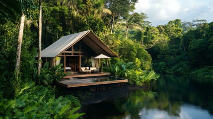 Naklejka premium Eco-glamping in a tropical rainforest luxury tent with eco-glamping in a tropical rainforest luxury tent view, perfect for eco-glamping in a tropical rainforest luxury tent resort promotion.