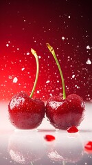 Two cherries, water splash, red background, reflection, food photography