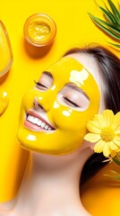 Woman enjoys yellow face mask, spa, yellow background, beauty