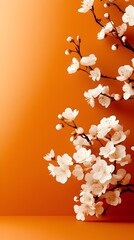White blossoms orange background spring floral minimal design