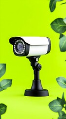 White security camera, green backdrop, foliage, surveillance