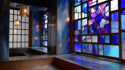 Vibrant stained glass windows in tranquil interior with wooden accents