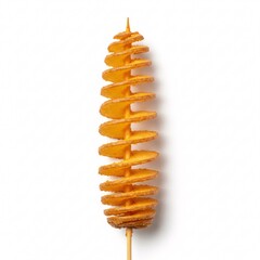 A golden tornado potato on a wooden skewer, exuding crispiness, stands elegantly,