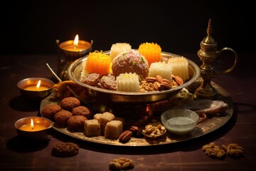 Assorted indian sweets on brass tray with traditional oil lamps in warm lighting