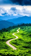 Winding mountain road, scenic landscape, cloudy sky, travel poster
