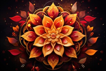Vibrant mandala with autumn leaves and fiery floral patterns