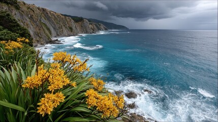 Wild coastal landscape with yellow flowers and dramatic ocean cliffs under stormy sky. New Zealand Flowers Week