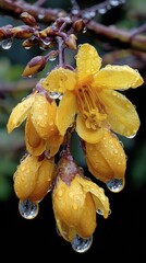 New Zealand Flowers Week. Close-up of rain-kissed yellow flowers with water droplets