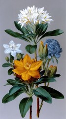 Vibrant botanical bouquet with white, yellow, and blue blooms on foliage. New Zealand Flowers Week