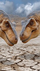Two t-rex dinosaurs facing each other in arid landscape under dramatic sky