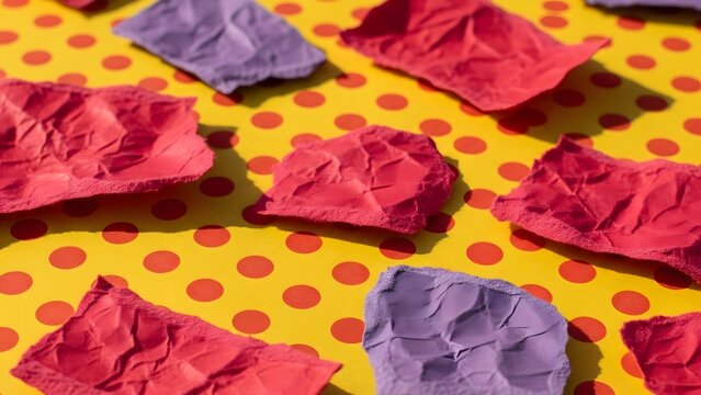 Close-up of torn red and purple papers on a yellow background with red polka dots. Rough texture Sunlight Colors
