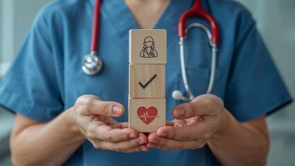 : Doctor holding wooden blocks with icons symbolizing concept EXECUTION. Concept of Execute Health care Modernization Plan. Fast execute success medical work. Execution medicine goals.  new