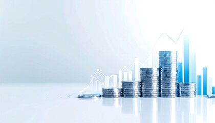 An abstract financial growth concept with a rising bar graph and stacks of coins, representing investment, savings, and success.