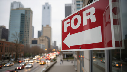 Real estate sign with arrow pointing left in urban cityscape  