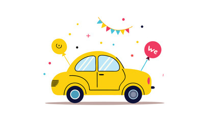 Naklejka premium Yellow car celebration illustration party balloons
