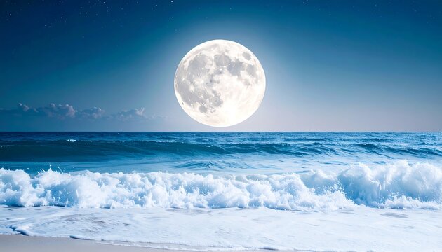 A serene and magical night scene featuring a large full moon over the ocean, with waves breaking on the beach under a starry sky