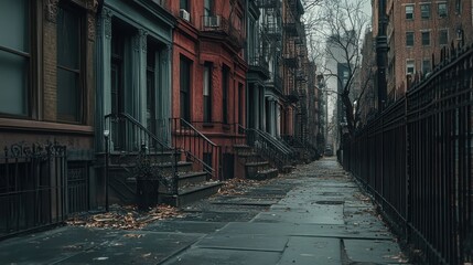 Fototapeta premium Neighborhood Nyc. Historic Brownstone Buildings on Urban Street in Greenwich Village, Manhattan, New York City