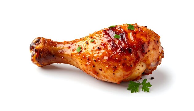 A single, delicious roasted chicken drumstick with a shiny glaze, garnished with parsley, isolated on a white background.