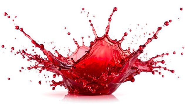 A stunning crown splash of red juice or wine, with droplets frozen mid-air against a white background.