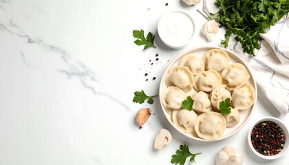 A top-down view of traditional pelmeni dumplings on a white marble table with sour cream, parsley, and garlic.