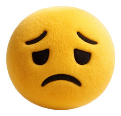 Fototapeta premium Fluffy yellow sad face emoji with expressive eyes and frown on transparent background.