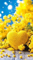 Yellow heart, mimosa flowers, bokeh background, spring