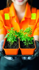Worker holding seedlings, urban farming, dark background