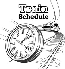 Black and White Image of a High-Speed Train, Clock, and Text "Train Schedule" in a Hand-Drawn Style. Vector illustration