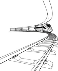 Hand-Drawn Style Image of a Bullet Train on Railway Tracks, Black and White. Vector illustration