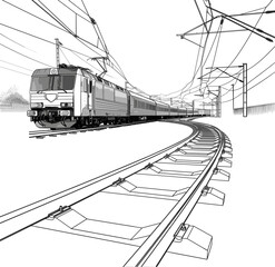 Sketch-Style Image: Electric Locomotive and Railway Tracks, Black and White Vector illustration