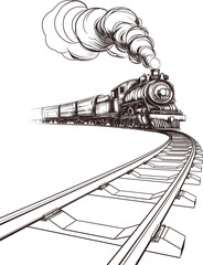 Detailed Black and White Sketch of a Steam Train with Smoke on a Curved Railway. Vector illustration on white