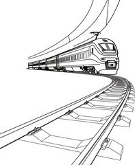Detailed Black and White Sketch of a Steam Train with Smoke on a Curved Railway. Vector illustration on white