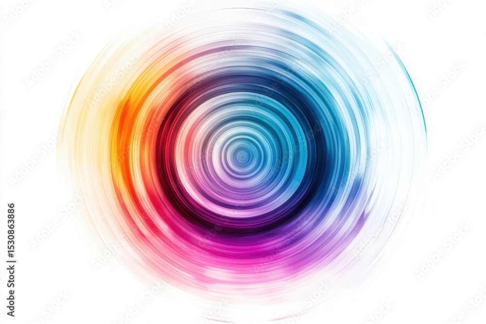 Poster pastel rainbow colored concentric rings form a vibrant swirling pattern, spiraling inward towards a 
