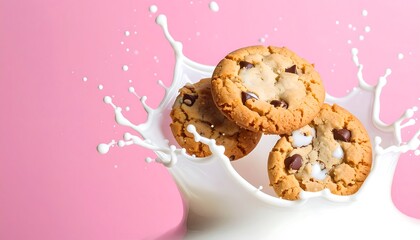 Three chocolate chip cookies create a dynamic crown splash in fresh milk, captured in motion against a vibrant pink background.