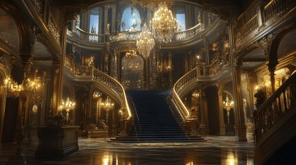 Obraz premium Grand, ornate palace hall with sweeping staircase and opulent details