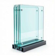 Three translucent glass panels on a dark gray base studio shot Display