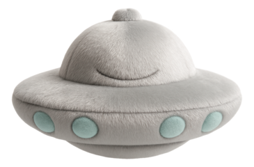 Plush toy shaped like a grey UFO with light blue circular details and a smiling face on transparent background.