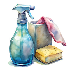 Watercolor cleaning tools including spray bottle, sponge, and cloth isolated