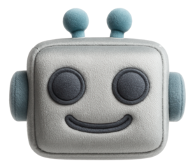 Cute plush robot pillow with a smiling face and round ears, featuring a soft gray and blue color scheme on transparent background.